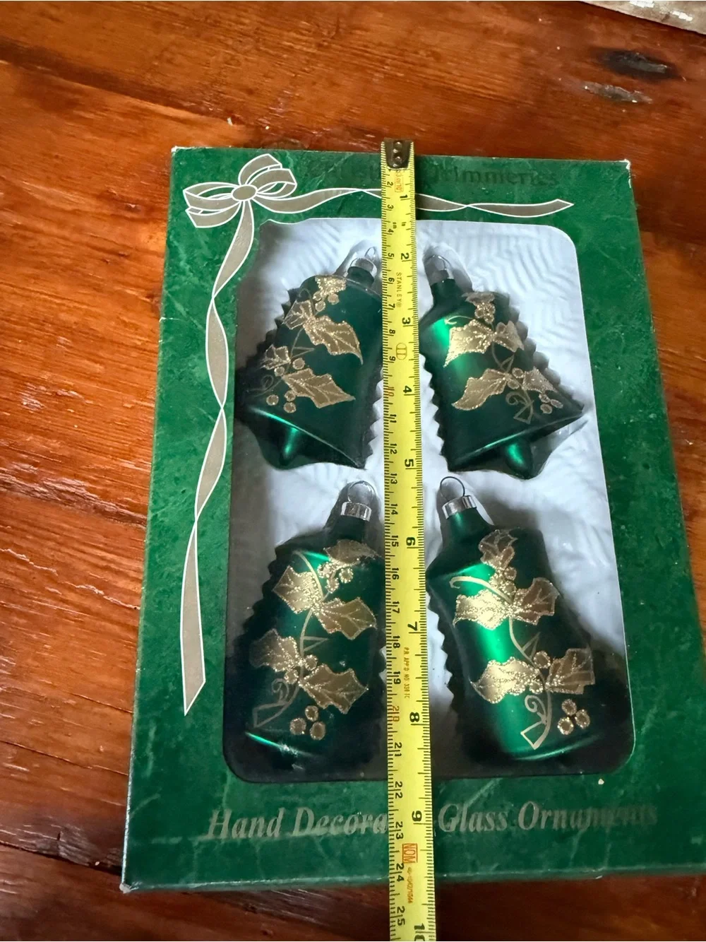 🔔 Vintage Green Glass Bell w/Gold Holly Painted Designs Holiday Ornaments